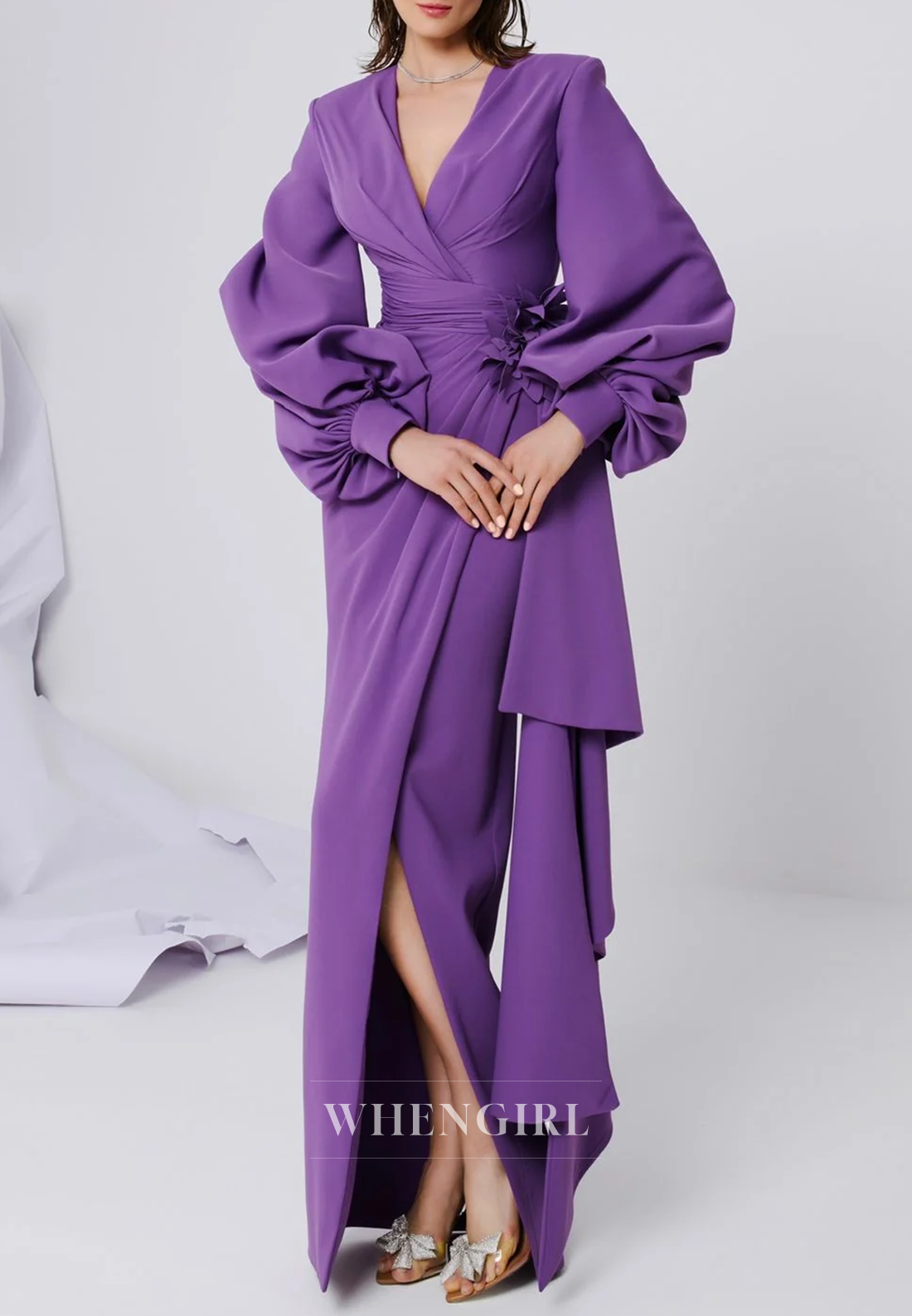 Purple V Neck Long Sleeves Side Slit Column Mother of the Bride Dress