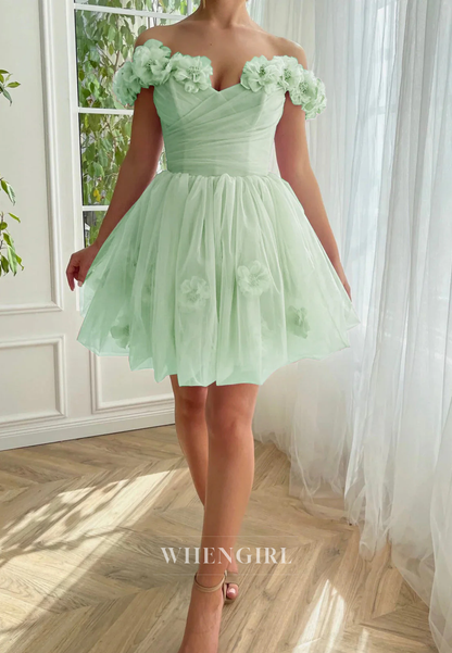 A-Line Off Shoulder Floral Straps Lace Up Short Homecoming Dress