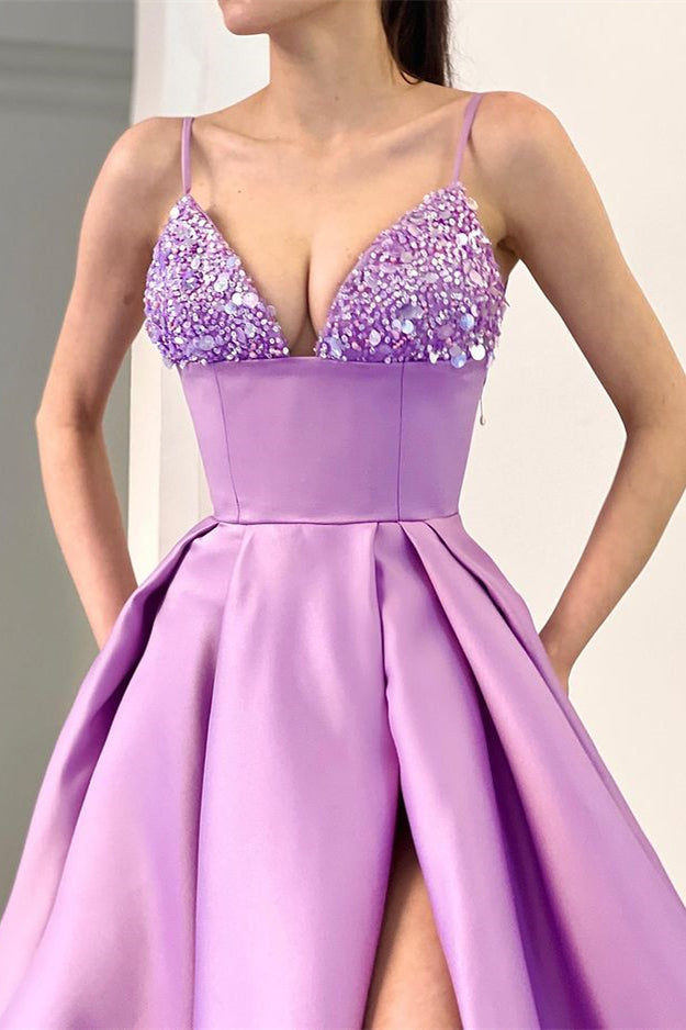 Spaghetti Straps Sequins A Line Lavender Evening Dress With Front Split