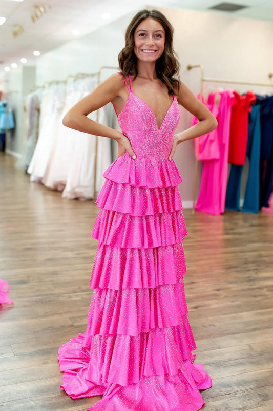 Cute Sparkly A Line V Neck Pink Tiered Long Prom Dress with Hot Stone