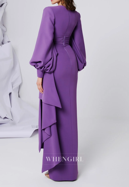 Purple V Neck Long Sleeves Side Slit Column Mother of the Bride Dress