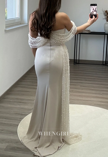 Off Shoudler Pearls Beaded Sheath Back Zipper Sleeveless Long Evening Formal Gown