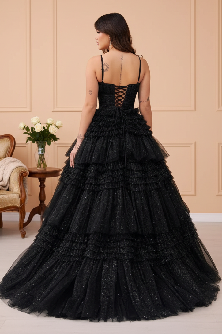 Long Black Tulle Prom Dress Sparkly V Neck Sleeveless Gown