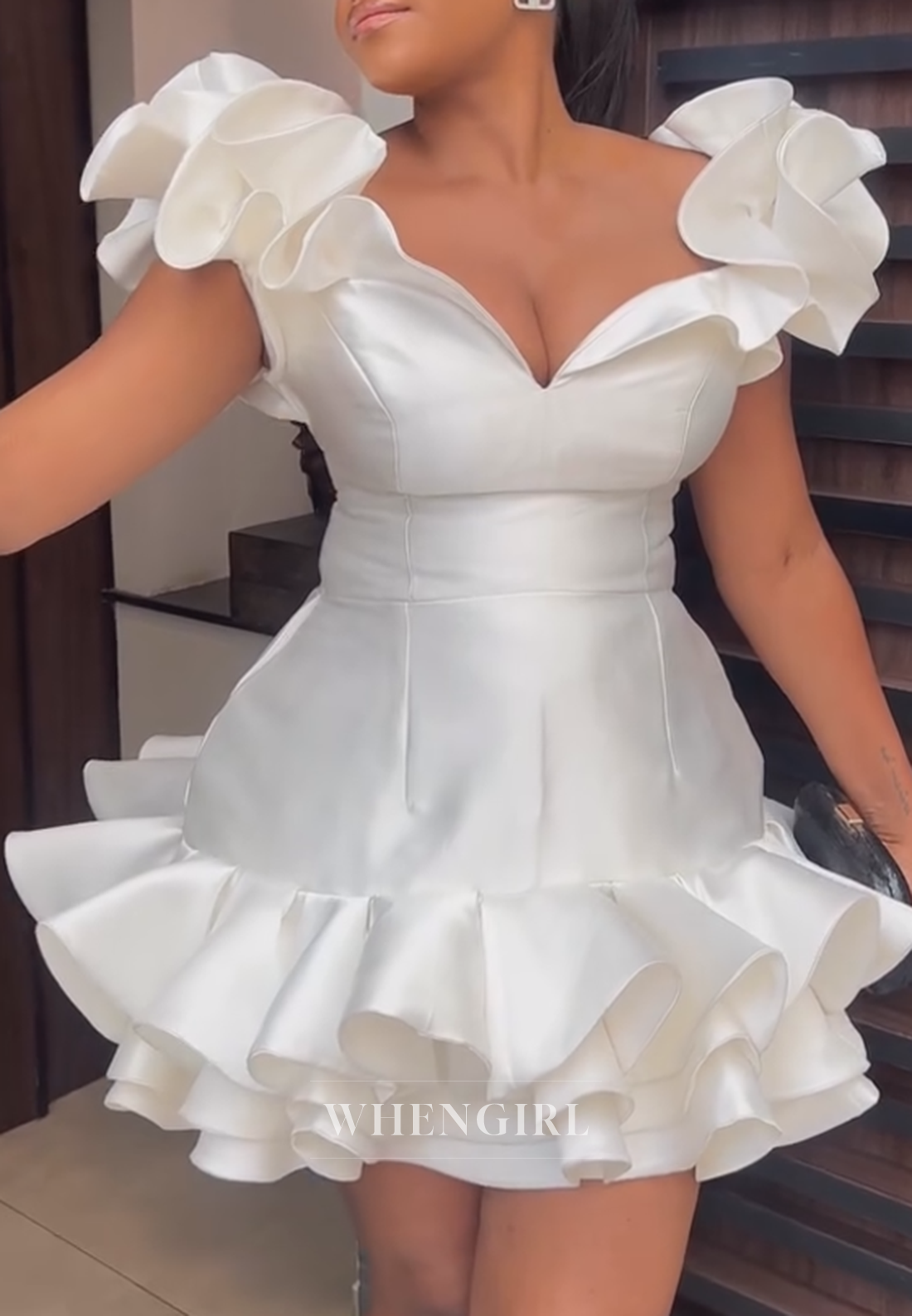 V Neck Off Shoulder Ruffles Sheath Sleeveless Homecoming Dress