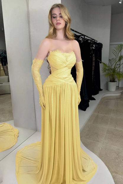 Column Strapless Fitted Prom Dress in Chiffon Pleated with Lace