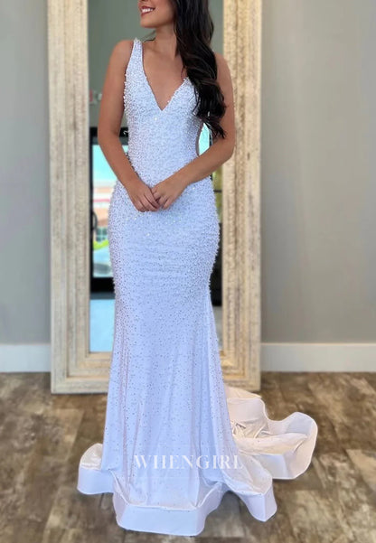 Mermaid Pearls Beading V Neck Sleeveless Regular Straps Prom Dress