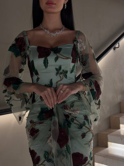 Mint Green Gown with Rose Embroidery Evening Dress