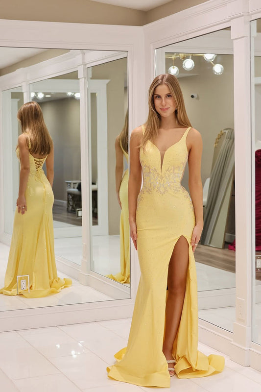 Mermaid V Neck Yellow Satin Long Prom Dresses with Slit