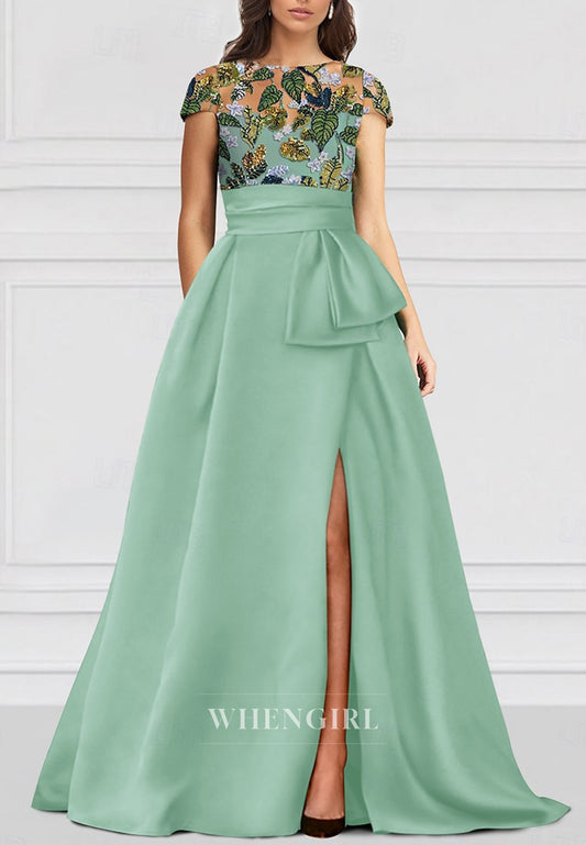 A-Line Bateau Neck Cap Sleeves Sequins Embroidery Side Slit Mother of the Bride Dress