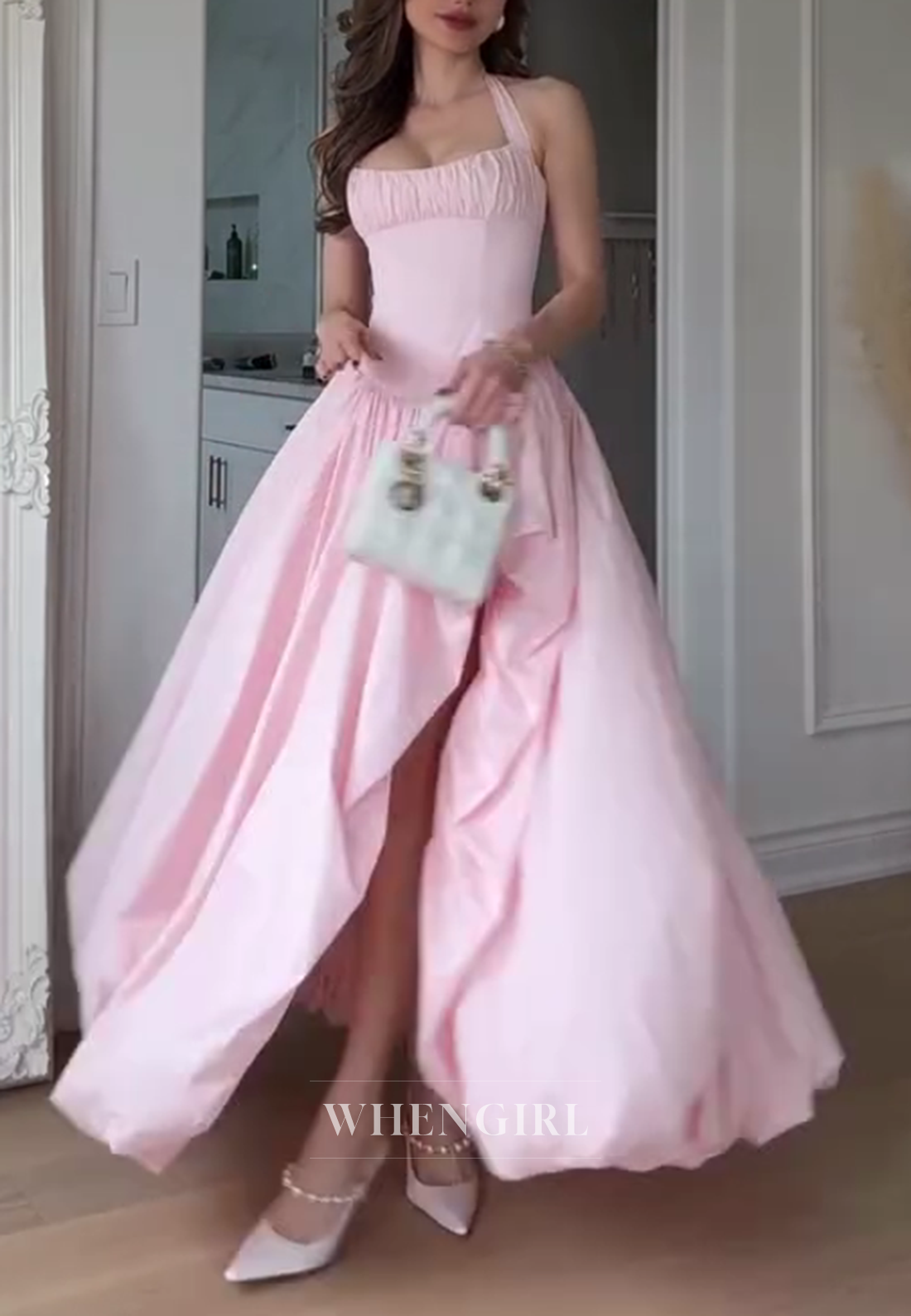 Pink Halter Side Slit Bubble Hem A-Line Prom Dress