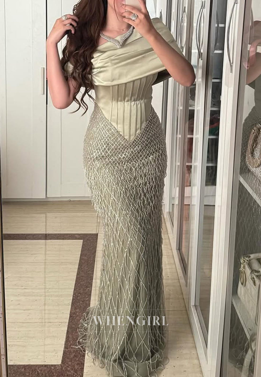 Dusty Sage Asymmetrical Neck Pleated Beaded Sheath Formal Evening Gown