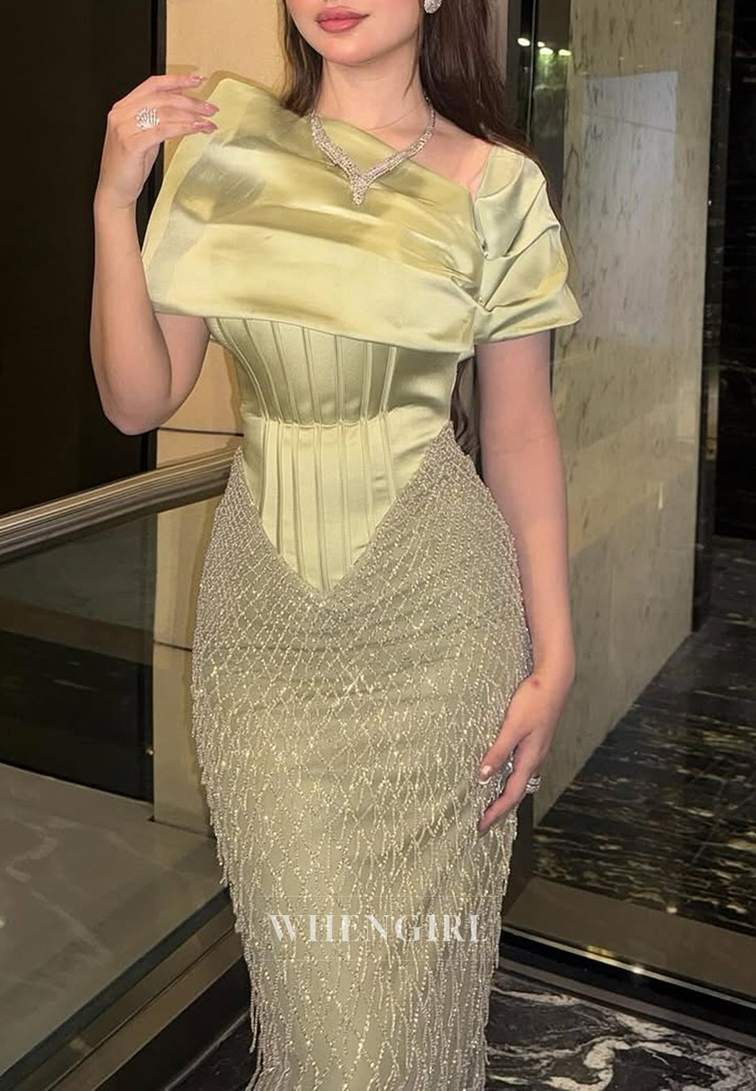 Dusty Sage Asymmetrical Neck Pleated Beaded Sheath Formal Evening Gown