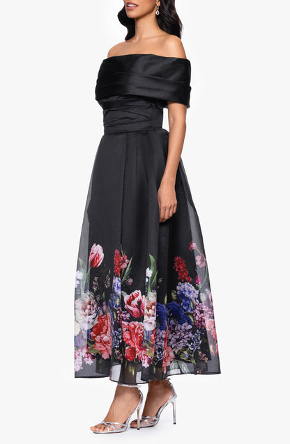Black Floral Off the Shoulder Ankle Length Mother of the Bride Gown