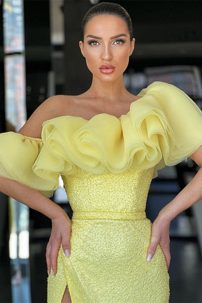 Daffodil Mermaid Off the Shoulder Long Evening Dress Split With Sequins