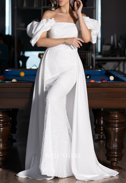 Off Shoulder Pearls Beading Sweep Train Sheath Wedding Dress