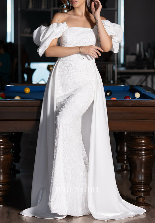 Off Shoulder Pearls Beading Sweep Train Sheath Wedding Dress