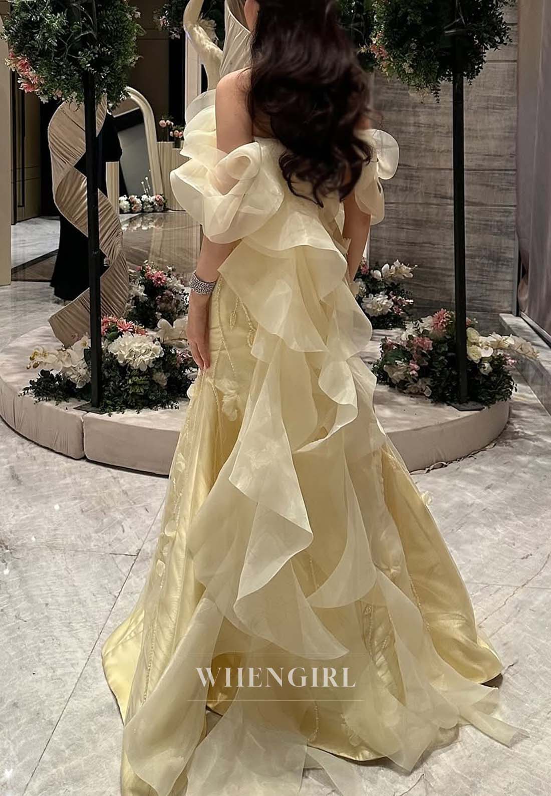 Daffodil Off Shoulder Floral Mermaid Sweep Train Evening Dress Beaded Long Formal Gown