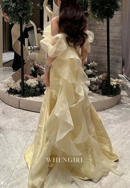 Daffodil Off Shoulder Floral Mermaid Sweep Train Evening Dress Beaded Long Formal Gown