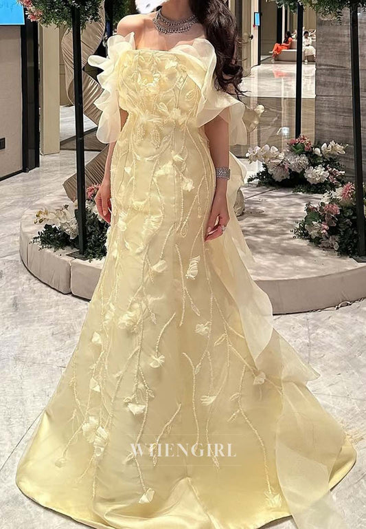 Daffodil Off Shoulder Floral Mermaid Sweep Train Evening Dress Beaded Long Formal Gown