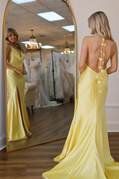 Mermaid Cowl Neck Daffodil Silk Satin Long Prom Dress