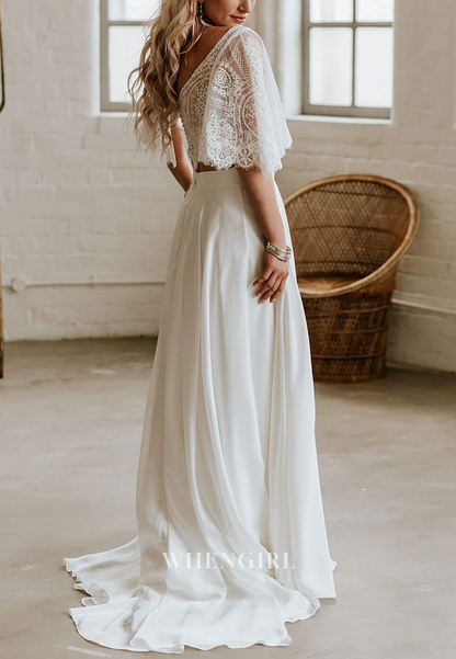 A-Line Flutter Sleeves V Neck Two Pieces Sweep Train Boho Wedding Dress