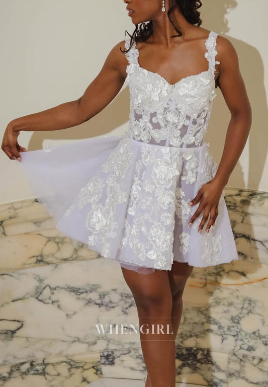A-Line Short Sweetheart Lace Wedding Dress with Flowers