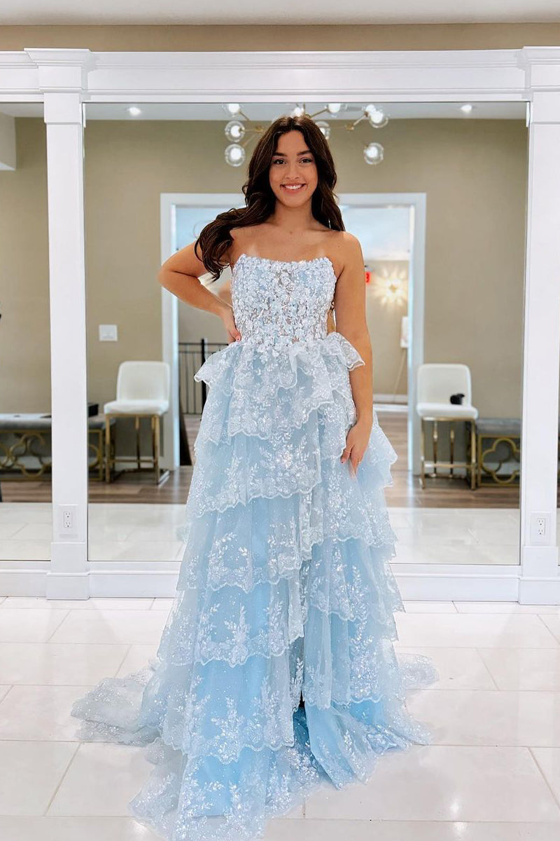 Light Blue Strapless Ruffle Sequin Lace Prom Dresses