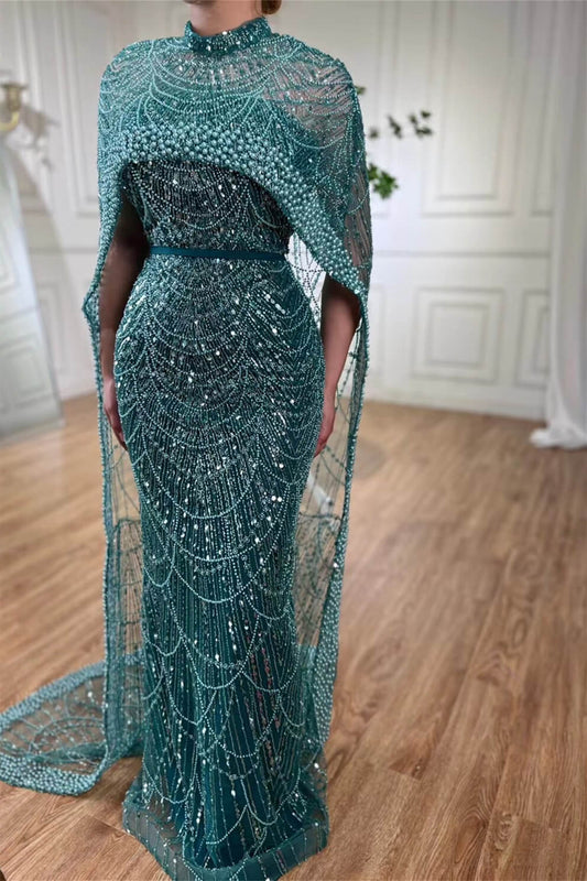 High Neck Sheath Pearls Prom Dresses With Cape Long Sequins Beads