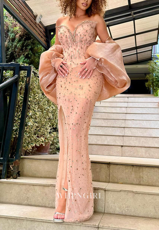 Champagne Rhinestones Beading V Neck Sleeveless Side Slit Sheath Formal Evening Gown with Cape
