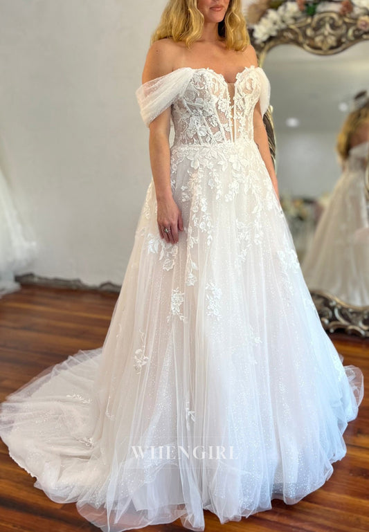 V Neck Off Shoulder Appliqued Lace A-Line Sweep Train Wedding Dress