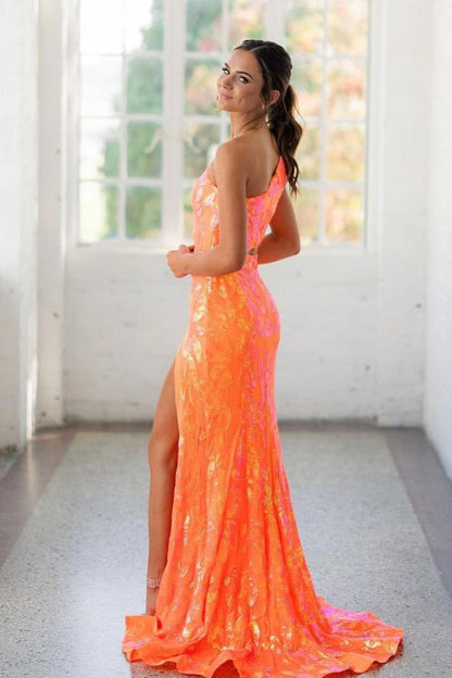 Sparkly Mermaid One Shoulder Orange Sequins Long Prom Dresses with Lace