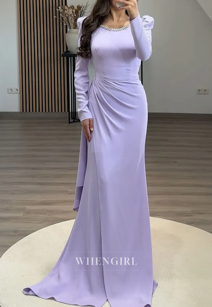 Sheath Beading Scoop Neck Pleated Long Sleeves Sweep Train Formal Party Dress