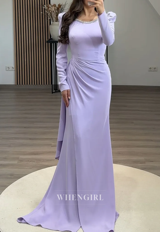 Sheath Beading Scoop Neck Pleated Long Sleeves Sweep Train Formal Party Dress