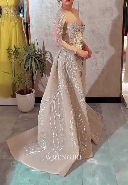 Champagne Rhinestones Beading Long Sleeves Sweetheart Sheath Formal Evening Dress with Train