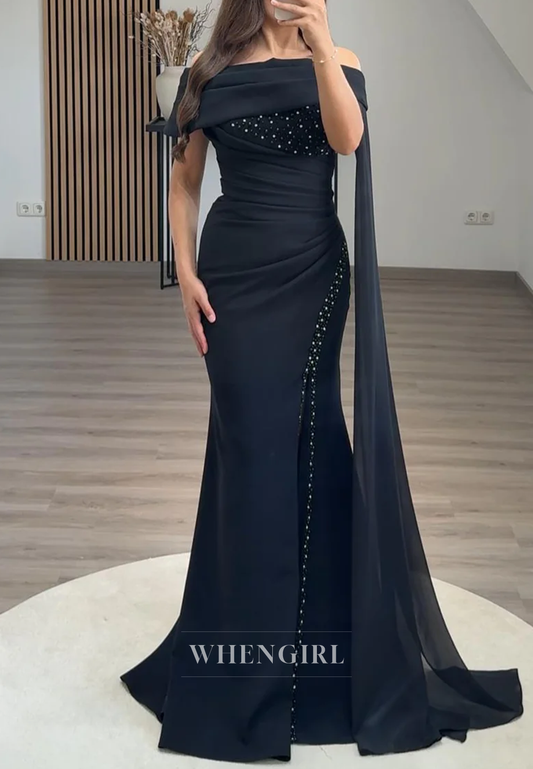 Black Halter Pleated Mermaid Beaded Rhinestones Back Zipper Long Evening Gown