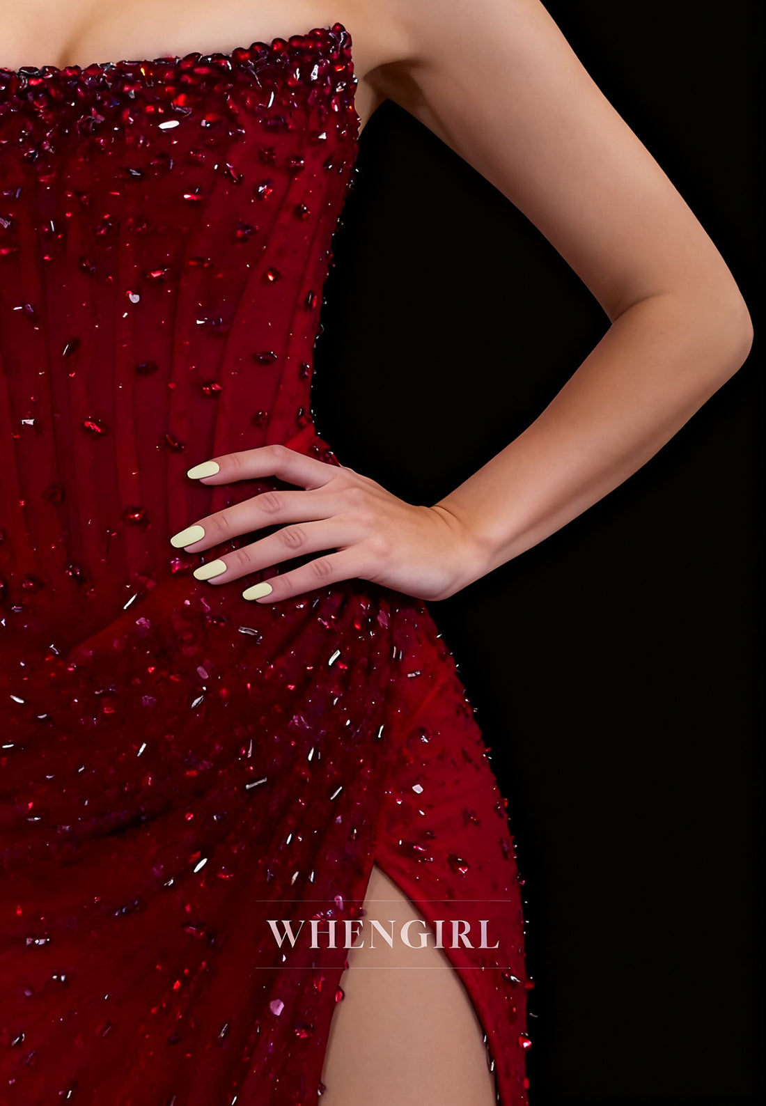 Sheath Full Beaded Strapless Sleeveless Pleated Side Slit Formal Prom Dress