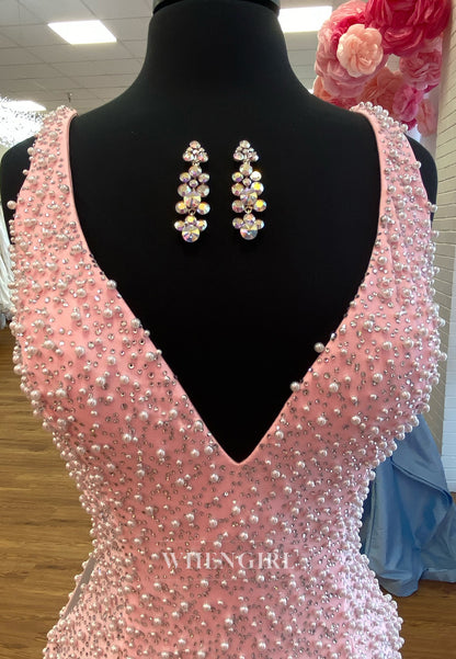 Mermaid Pearls Beading V Neck Sleeveless Regular Straps Prom Dress