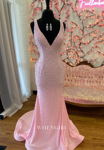 Mermaid Pearls Beading V Neck Sleeveless Regular Straps Prom Dress