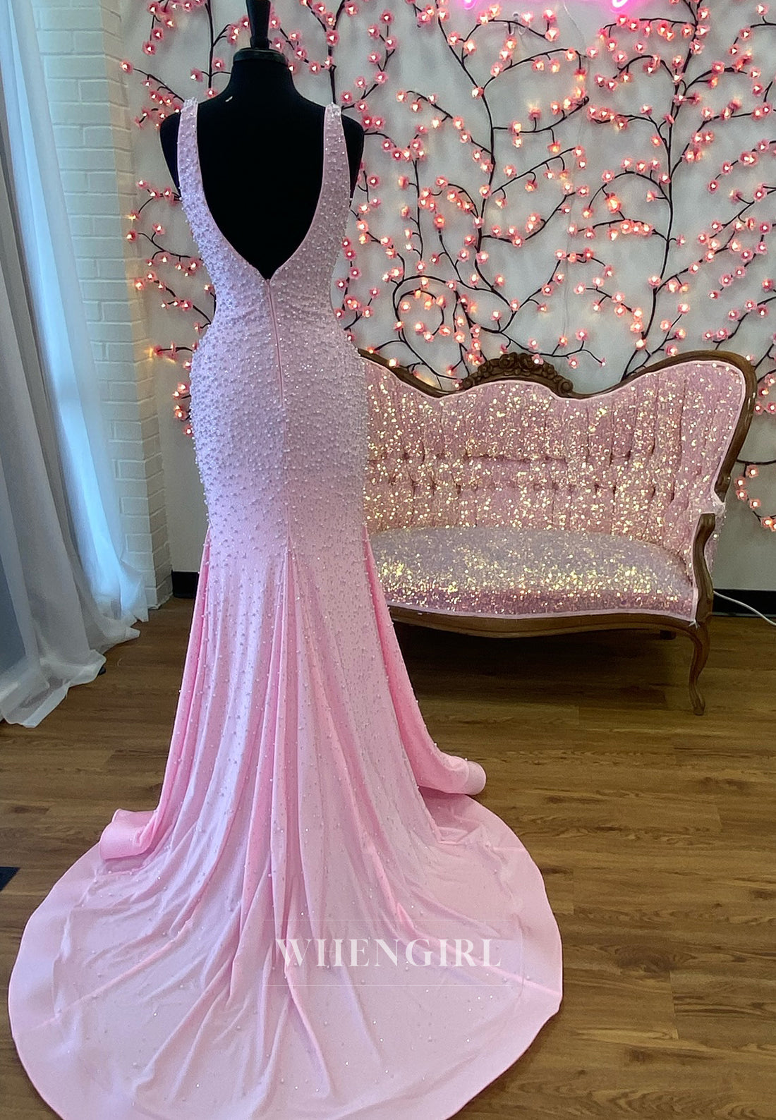 Mermaid Pearls Beading V Neck Sleeveless Regular Straps Prom Dress