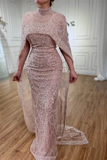 High Neck Sheath Pearls Prom Dresses With Cape Long Sequins Beads
