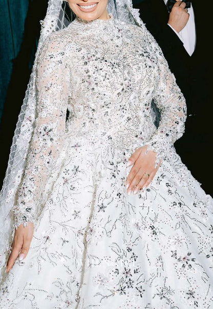 Gorgeous High Neck Long Sleeves A-Line Beaded Court Train Appliqued Wedding Dress