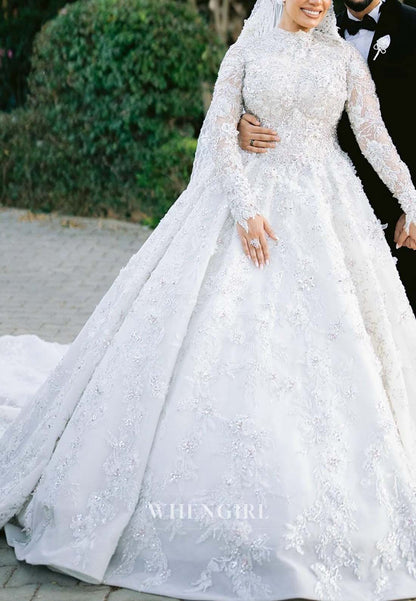 Gorgeous High Neck Long Sleeves A-Line Beaded Court Train Appliqued Wedding Dress