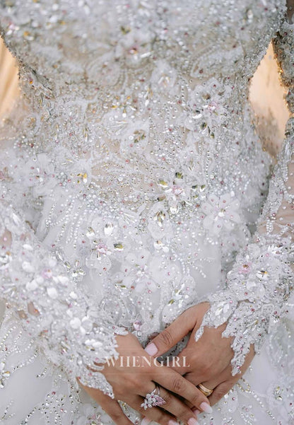 Gorgeous High Neck Long Sleeves A-Line Beaded Court Train Appliqued Wedding Dress