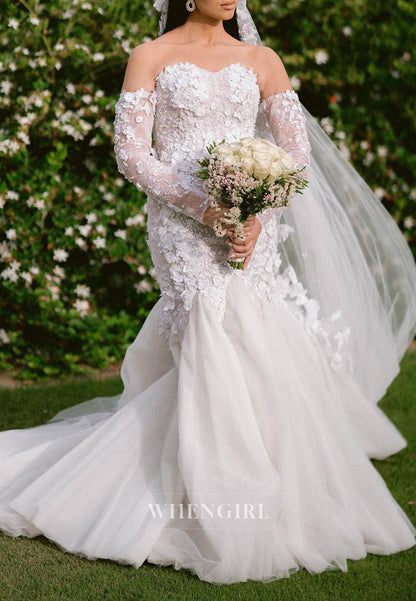 Sweetheart Appliqued Lace Long Sleeves Back Zipper Strapless Mermaid Wedding Dress