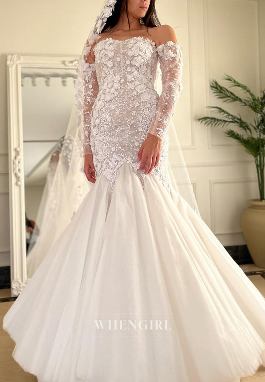 Sweetheart Appliqued Lace Long Sleeves Back Zipper Strapless Mermaid Wedding Dress