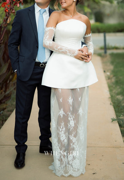 Tube Top Lace Long Sleeves Sheath Floor Length Wedding Dress