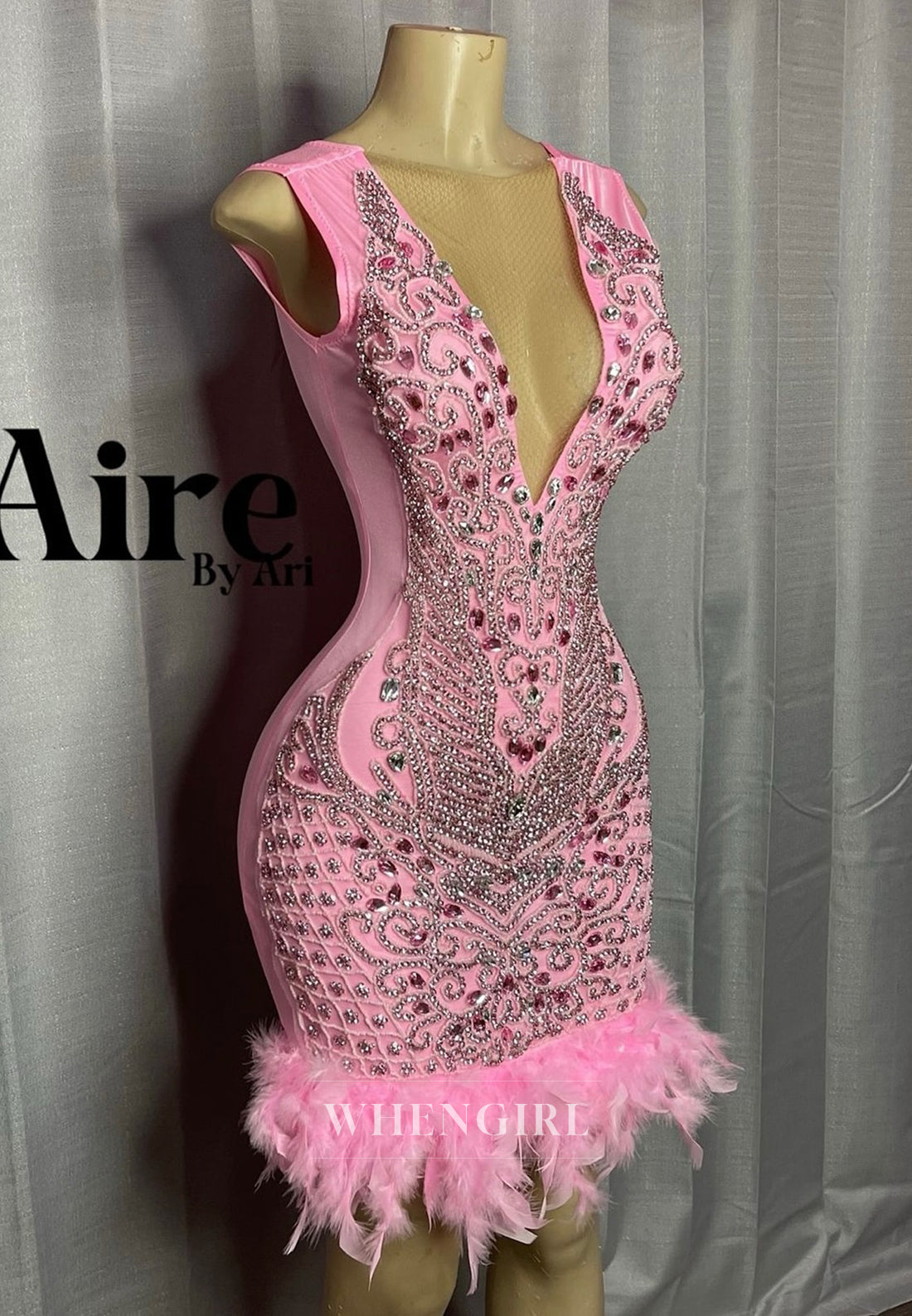 Pink Luxury V Neck Sleeveless Beaded Rhinestones Feather Back Zipper Sheath Short Homecoming Dress