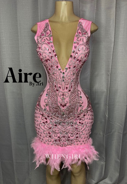 Pink Luxury V Neck Sleeveless Beaded Rhinestones Feather Back Zipper Sheath Short Homecoming Dress