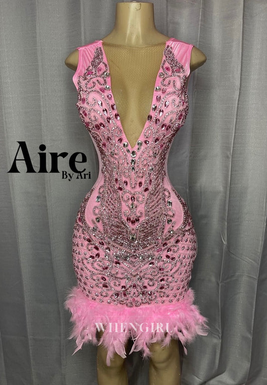 Pink Luxury V Neck Sleeveless Beaded Rhinestones Feather Back Zipper Sheath Short Homecoming Dress