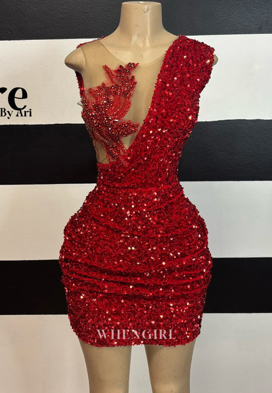 Burgundy Scoop Neck Sleeveless Beaded Pleated Sequins V Back Sheath Short Homecoming Dress